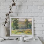 Vintage countryside wall art with yellow flower fields, tall green trees, and a soft cloudy sky in natural tones. displayed on the wall