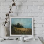 Serene vintage art of a deer in a peaceful nature landscape with soft browns, greens, and a misty atmosphere. displayed on the wall
