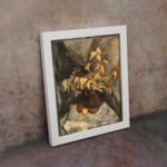 Infidu vintage wall art showing a brown vase with yellow leaves and fruits in warm, earthy tones. displayed on the wall