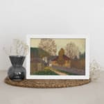 Vintage countryside autumn scene wall art with houses, colorful trees, and soft natural colors in a serene, peaceful setting. displayed on the wall