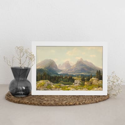 Vintage wall art depicting a serene mountain landscape with pine forest and rocky terrain, in muted blues, greens, and gray tones. the wall art kept on the mat