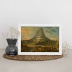 Infidu Vintage Spiral Tower and Dreamy Landscape Wall Art showing a spiral tower with small buildings, soft colors, and a dreamy sky. displayed on the wall
