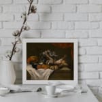 Infidu Vintage Still Life with Fruits and Animals Wall Art, showcasing a table with fruits, birds, and a rabbit, framed in dark tones. displayed on the wall