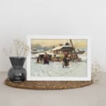 Vintage wall art of a snowy village with people at a small market, surrounded by wooden houses and a cloudy sky. displayed on the wall