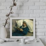 Infidu Vintage Wall Art of a girl peacefully reading with soft blue, white, and beige tones in a cozy, relaxed setting. displayed on the wall