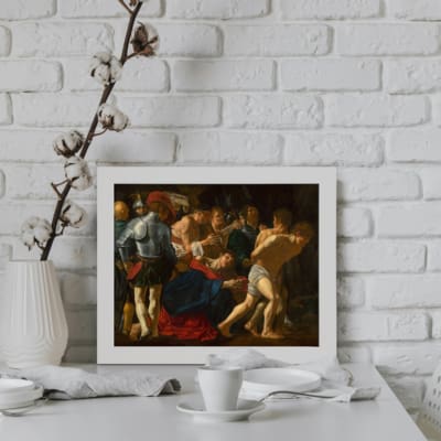 Vintage wall art featuring a dramatic historical scene with figures in period clothing, dark tones, and red and gold accents. displayed on the wall in a white frame