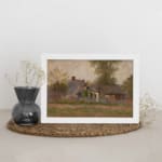 Vintage countryside wall art with rustic houses, tall trees, and soft earthy tones under a cloudy sky. displayed on the wall