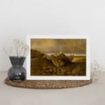 Vintage wall art of a fallen tree on a rocky hillside with earthy tones and a soft sky. displayed on the wall