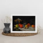 Infidu Classic Still-Life Fruit and Drink Vintage Wall Art with apples, oranges, grapes, and a clear glass on a dark background. displayed on the wall