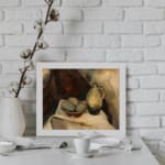 Vintage still life wall art with ceramic jug and bowl on white cloth, set against warm abstract background in earthy tones. displayed on the wall