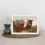 Vintage wall art of a red fox holding a bird in its mouth, set in a mountain landscape with rocky terrain and a pale blue sky. displayed on the wall