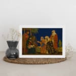 Vintage Nativity wall art showing Three Wise Men visiting baby Jesus under a dark blue sky with warm, rich colors and classic details. displayed on the wall