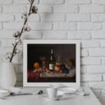 Infidu vintage still life wall art with fruit, wine, and glasses in rich warm tones on a dark background. displayed on the wall