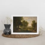 Vintage wall art of peaceful countryside with trees, river, and cattle displayed on the wall