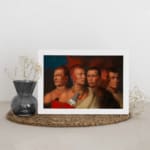 Vintage portrait of five Native American men in traditional attire, highlighting their cultural richness and detailed accessories. displayed on the wall