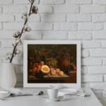 Classic still life vintage wall art with fruits and a rustic jug, showcasing rich warm colors and cozy, antique appeal. displayed on the wall