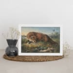 Vintage wall art of a fox crouched over a rabbit in a grassy countryside field with natural earthy tones and peaceful rural background. displayed on the wall