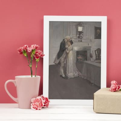 Vintage wall art showing a couple in formal attire with a fireplace and elegant furniture in a classic grayscale design. displayed on the wall in a pink frame on a white background