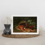 Vintage still life of cherries spilling from a basket, featuring vibrant red, orange, and yellow fruit with deep green leaves. displayed on the wall