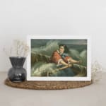 Infidu vintage wall art featuring a woman in period attire on a small boat amidst stormy seas with dramatic waves and a cloudy sky. displayed on the wall art in a white frame