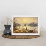 Vintage wall art of a fisherman by a calm lake at sunset with golden sky and soft reflections. displayed on the wall