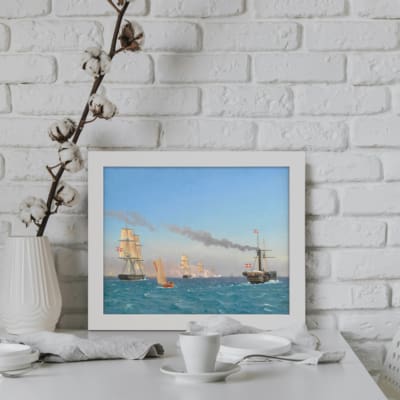 Infidu Vintage Wall Art featuring sailing ships, a steamship, and calm ocean waters with a clear sky, ideal for nautical-themed rooms.
