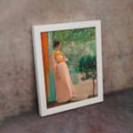 Vintage wall art of a graceful woman in a pink dress standing at a doorway, gazing into a peaceful garden with greens, oranges, and teals. displayed on the wall