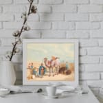 Vintage wall art featuring a camel with a rider, festival scene with colorful figures, and desert architecture in soft beige and blues. displayed on the wall