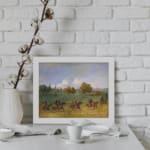 Vintage wall art featuring horse riders in open fields with soft, natural colors, including green grass, blue skies, and brown horses. displayed on the wall