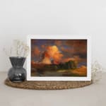 Vintage wall art of glowing red desert rocks with a vivid sunset sky and rugged terrain by Infidu. displayed on the wall