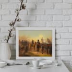 Vintage military wall art featuring soldiers, a cannon, and a dramatic battlefield with earthy tones and a golden sky. displayed on the wall