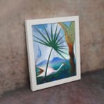 Vintage wall art with a white bird, tropical trees, and mountain background in soft blue, green, and brown tones. displayed on the wall