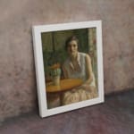 Vintage wall art of a woman in a white blouse and peach skirt sitting beside a table with a flower pot in a softly colored interior. displayed on the wall