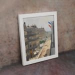 Vintage wall art of a Paris street scene with French flags, horse-drawn carriages, pedestrians, and elegant buildings in soft muted colors. displayed on the wall