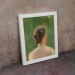 Vintage wall art showing the back view of a woman with tied hair, set against a rich green background with soft, blended brushstrokes. displayed on the wall