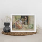 Vintage wall art of women sitting outside a house, talking, with warm tones and traditional details in the background. displayed on the wall