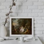 Vintage 1700s gathering wall art with elegantly dressed people in an outdoor setting surrounded by trees. displayed on the wall