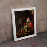 Vintage royal gathering wall art with glowing central figure, colorful robes, and rich dark background displayed on the wall