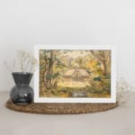 Vintage wall art of a peaceful countryside with a stream, tall trees, and a wooden house in soft earthy tones. displayed on the wall