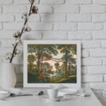 Vintage forest wall art with tall trees, red flowers, and a serene river scene. displayed on the wall
