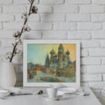 Vintage snowy cityscape with Russian domes, soft blue and yellow tones, cozy winter scene by Infidu. displayed on the wall