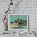 Vintage wall art of a hilltop fort and village with scenic river, soft colors, and calm sky. displayed on the wall