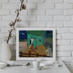 Vintage folk-art wall art with abstract animals, a green-roofed barn, and a crescent moon in a dark blue sky. displayed on the wall