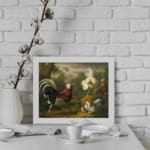 Vintage wall art of roosters and hens in a peaceful farmyard setting with natural earthy tones. displayed on the wall