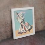 Vintage abstract wall art of a stylized cello player in soft pastel tones with geometric shapes and minimal background. displayed on the wall