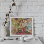 Infidu Vintage Abstract Wall Art with Dreamy Dog Figure, colorful and surreal design with soft brushstrokes and a misty background. displayed on the wall