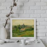Infidu Vintage Countryside Landscape Wall Art featuring a charming village scene with green fields, trees, and a warm yellow sky. displayed on the wall