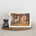 Vintage wall art of a cozy artist studio with maroon walls, easel, chairs, and natural light. displayed on the wall