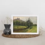 Vintage countryside wall art with hills, stream, and trees in soft green and blue tones by Infidu. displayed on the wall