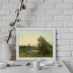 Infidu serene vintage nature wall art with pond, trees, and soft sunrise colors. displayed on the wall